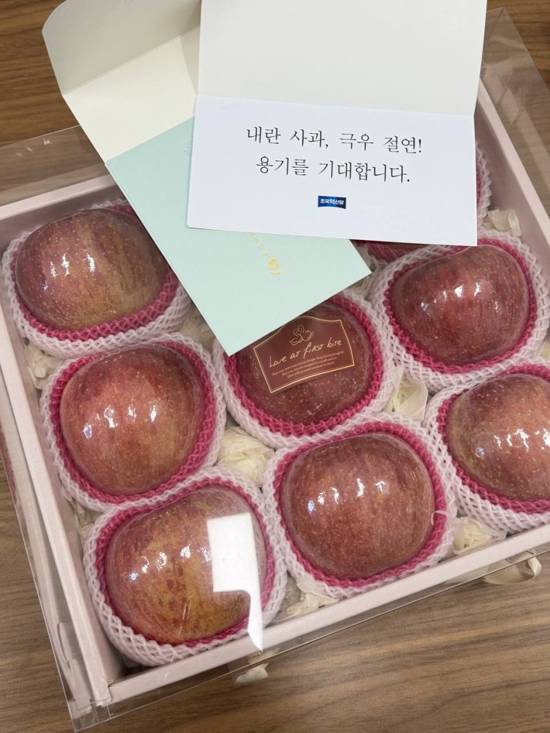 조국혁신당은 9일 국민의힘에 환대 답례품으로 사과(과일)를 전달했다.(조국혁신당 제공) ⓒ 뉴스1