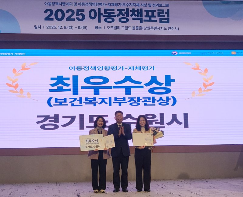 경기 수원시가 보건복지부·아동권리보장원이 주관하는 '2025년 아동정책영향평가'에서 우수 지자체로 선정됐다. 사진은 시 관계자들이 장관상을 수상하고 있는 모습. (수원시 제공. 재판매 및 DB 금지) 2025.12.9/뉴스1