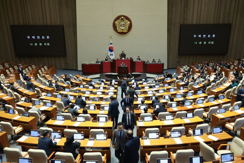 [서울=뉴시스] 고승민 기자 = 나경원 국민의힘 의원이 9일 서울 여의도 국회에서 열린 제429회국회(정기회) 제16차 본회의에서 가맹사업거래의 공정화에 관한 법률 일부개정법률안에 대한 필리버스터를 시작하자 더불어민주당 등 의원들이 회의장을 나가고 있다. 2025.12.09. kkssmm99@newsis.com