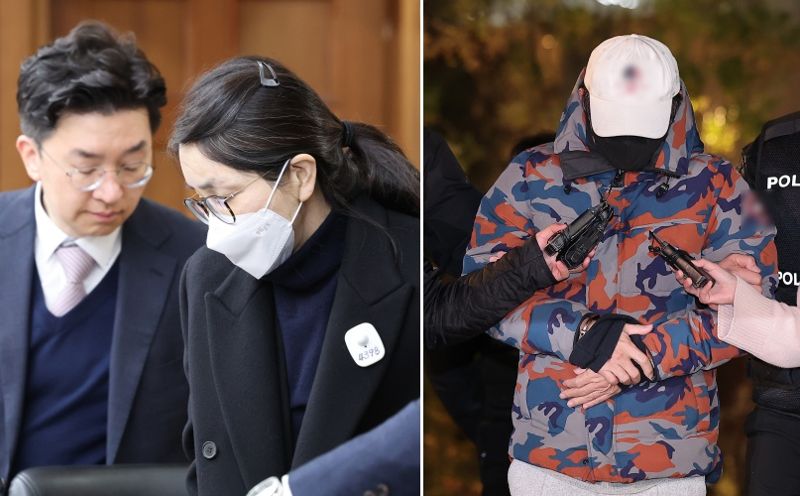 주가조작과 통일교 청탁 등의 혐의를 받는 김건희 여사가 지난 3일 서울 서초구 서울중앙지방법원의 결심공판에 출석해 피고인 자리로 들어서고 있다. 오른쪽 사진은 '도이치모터스 주가조작 의혹'의 공범으로 알려진 이준수씨가 지난 11월 20일 충주휴게소에서 체포돼 서울 종로구 광화문 KT 빌딩에 마련된 김건희 특검 사무실로 압송되는 모습. /사진=뉴스1