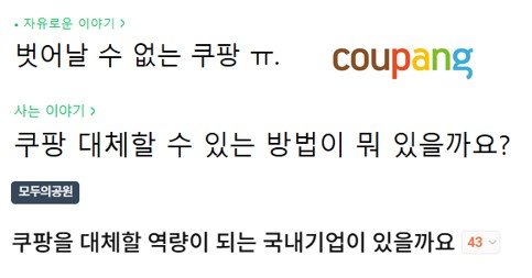 [뉴시스] 쿠팡의 대규모 정보 유출 사태가 장기전 양상을 띠는 가운데 대체 사이트를 찾기 어렵다는 소비자들의 호소가 이어지고 있다. (사진=커뮤니티 갈무리, 쿠팡 로고) *재판매 및 DB 금지