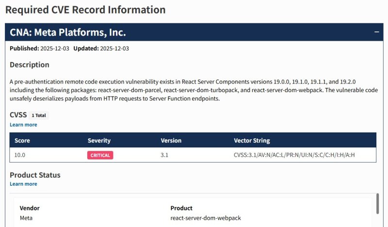 [서울=뉴시스] 10일 보안업계에 따르면 리액트투쉘은 최근 국제 보안 등급인 '공통 취약점 등급 시스템(CVSS)'에서 최고 위험도인 10.0점을 받았다. (사진=cve.org 캡처) *재판매 및 DB 금지