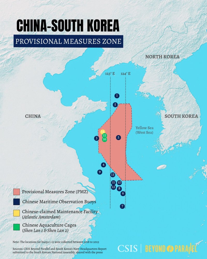 [서울=뉴시스]중국이 한주어업협정을 위반해 서해 잠정조치수역 주변에 설치한 부표와 수역내 구조물 위치도.(출처=비욘드 패럴렐) 2025.12.10.