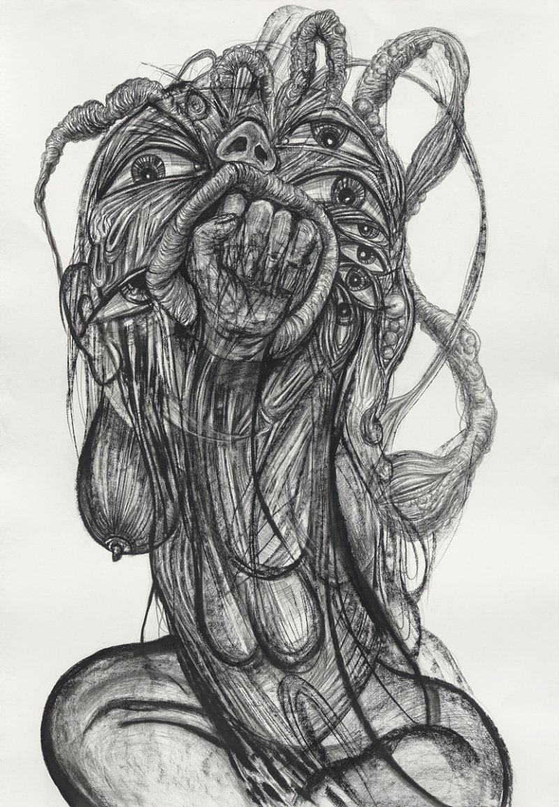 장파(b. 1981) 〈Drawing for Gore Deco #1〉 2025, Charcoal on paper, 112 x 76 cm, Courtesy of the artist and Kukje Gallery, 사진: 안천호 (국제갤러리 제)