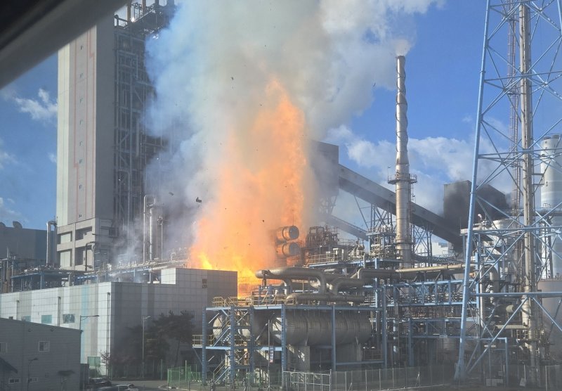 [태안=뉴시스] 충남 태안군 원북면에 위치한 한국서부발전 태안화력발전소 후문쪽에서 9일 오후 2시42분께 폭발사고가 나 불길이 치솟고 있다. (사진=독자 제공) 2025.12.09. photo@newsis.com *재판매 및 DB 금지