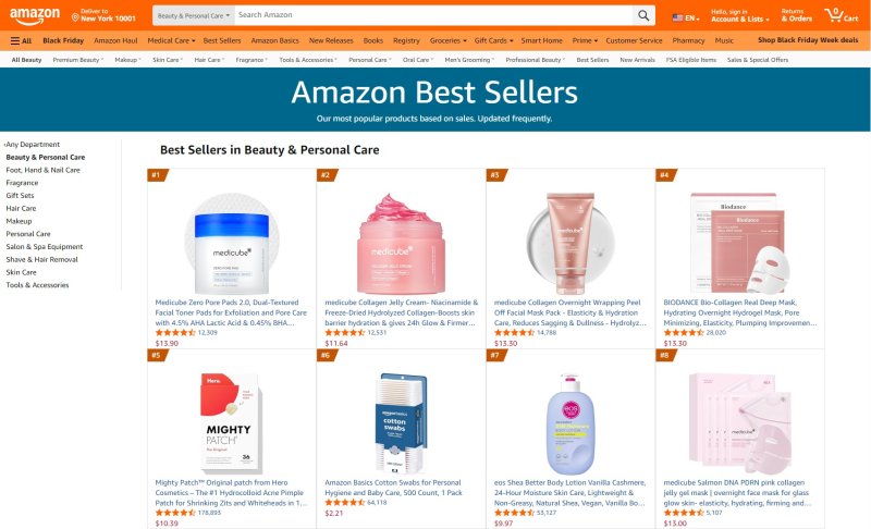 아마존 블랙프라이데이 기간인 11월 24일 뷰티 카테고리 랭킹. 아마존 홈페이지 갈무리