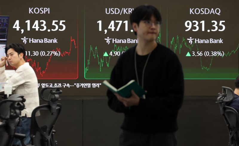 전날인 9일 오후 서울 중구 하나은행 본점 딜링룸 전광판에 종가가 표시되고 있다. 2025.12.9/뉴스1 ⓒ News1 오대일 기자