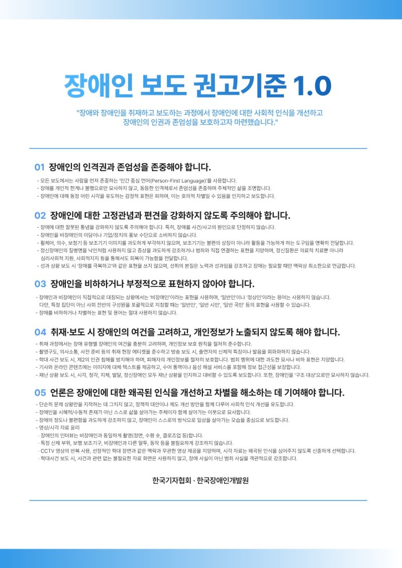 [서울=뉴시스] 장애인 보도 권고기준 1.0 5대 원칙 (사진=한국장애인개발원 제공) 2025.12.10. photo@newsis.com *재판매 및 DB 금지