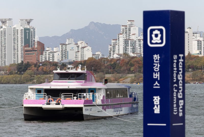 17일 오전 서울 송파구 잠실선착장 인근에 한강버스가 멈춰 서 있다. 지난 15일 80여 명이 탑승한 서울 한강버스가 송파구 잠실선착장 인근 강바닥에 걸려 멈춰서는 사고가 발생했다. 사고가 발생한 한강버스는 현재 선착장 약 50미터 거리에 멈춰선 상태다. 2025.11.17/뉴스1 ⓒ News1 이재명 기자