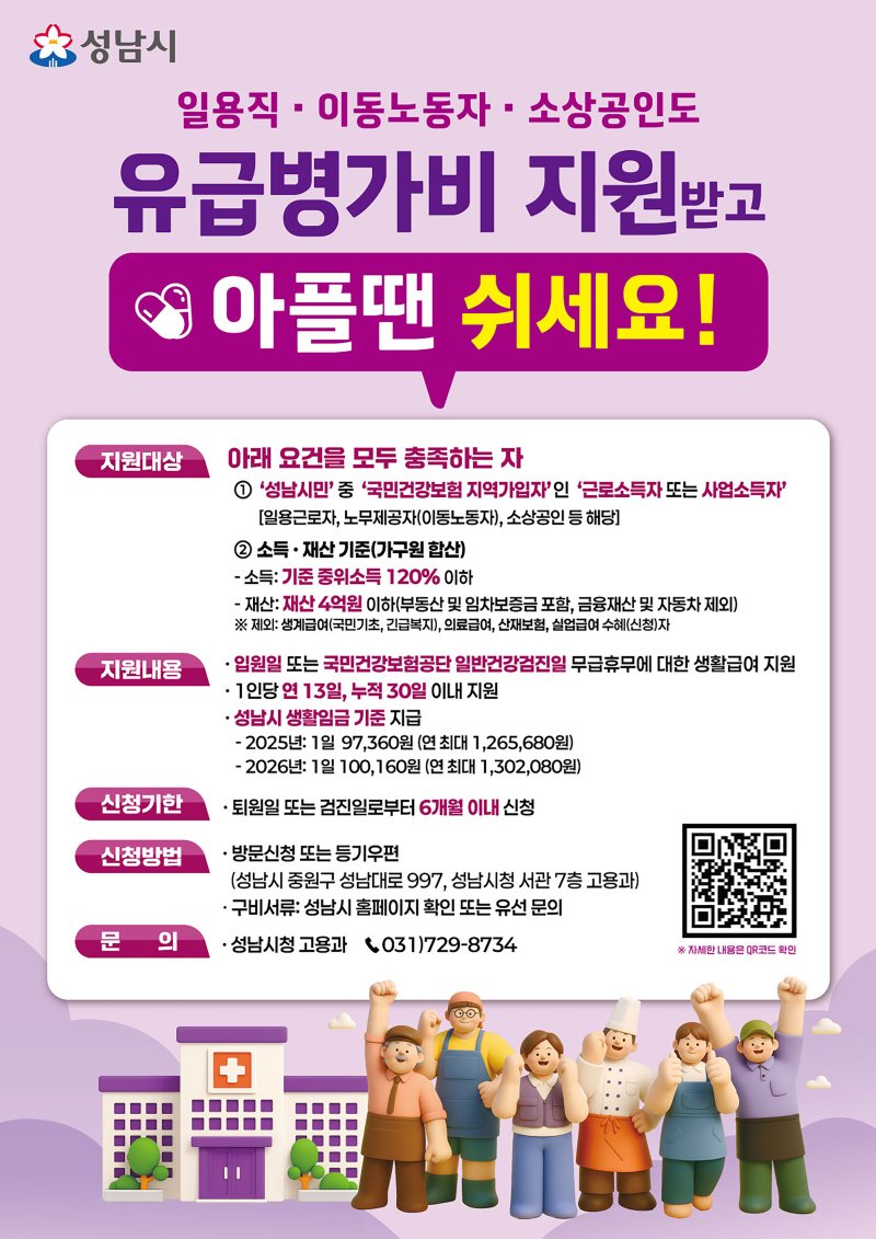 성남시, 노동취약계층에 '유급병가비' 연간 130만원 지원