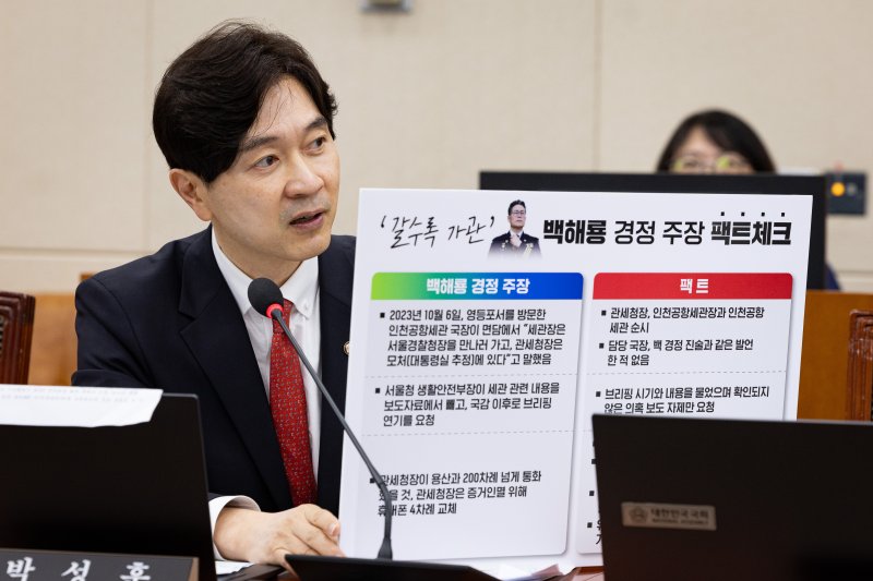 박성훈 국민의힘 의원이 21일 서울 여의도 국회에서 열린 기획재정위원회의 국가데이터처 등에 대한 국정감사에서 이명구 관세청장에게 백해룡 경정 관련 질의를 하고 있다. 2025.10.21/뉴스1 ⓒ News1 유승관 기자