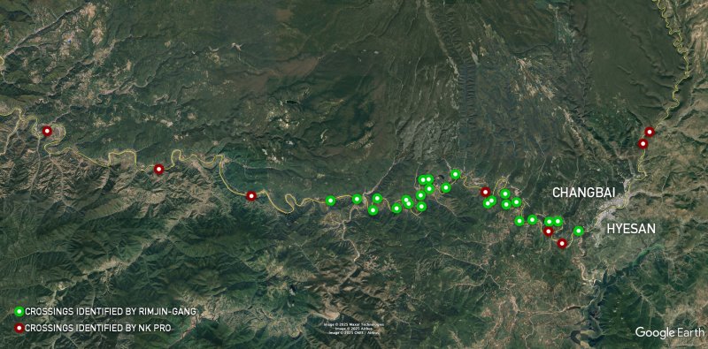 북한 전문매체 NK뉴스는 지난 9일 압록강 일대에 설치된 북중 간 '임시 도하 지점'이 량강도 김형직·김정숙·삼수·혜산·보천군 등 5개 지역에 걸쳐 약 59마일(95㎞) 구간에 분포한 것으로 나타났다고 보도했다.(NK뉴스 갈무리)