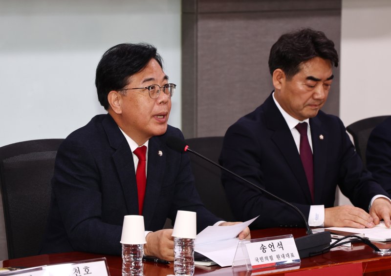 [서울=뉴시스] 김명년 기자 = 송언석 국민의힘 원내대표가 10일 오후 서울 여의도 국회 의원회관에서 열린 '국가보안법 폐지 무엇이 문제인가' 토론회에서 축사하고 있다. 2025.12.10. kmn@newsis.com