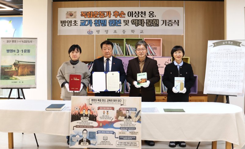 [울산=뉴시스] 구미현 기자 = 울산 병영초등학교 전인식 교장(왼쪽에서 세번째)이 10일 46회 졸업생 이상천씨(왼쪽에서 두번째)에게서 역사 문헌을 기증받고 기념사진을 찍고있다. (사진=울산시교육청 제공) 2025.12.10. photo@newsis.com *재판매 및 DB 금지