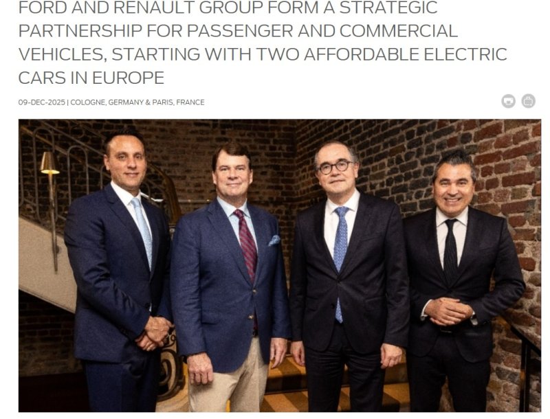 [서울=뉴시스]미국 완성차업체 포드와 프랑스 완성차업체 르노그룹이 가격 경쟁력을 무기로 유럽 전기차(EV) 시장을 잠식하는 중국 전기차업체들에 맞서 소형 EV 플랫폼 공유 등 전략적 동반자 관계를 맺기로 했다. 사진은 포드 홈페이지에 게재된 보도자료. 2025.12.10