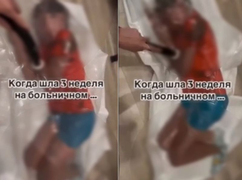 러시아의 한 여성이 자신의 아이를 진공포장하는 영상. 출처=SNS, 뉴시스