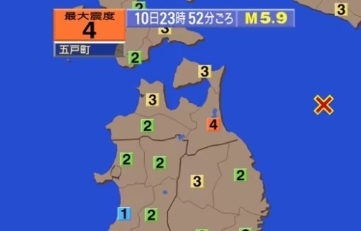 10일 오후 11시 52분께 일본 아오모리현 동쪽 앞바다에서 발생한 규모 5.9 지진(NHK방송 갈무리)
