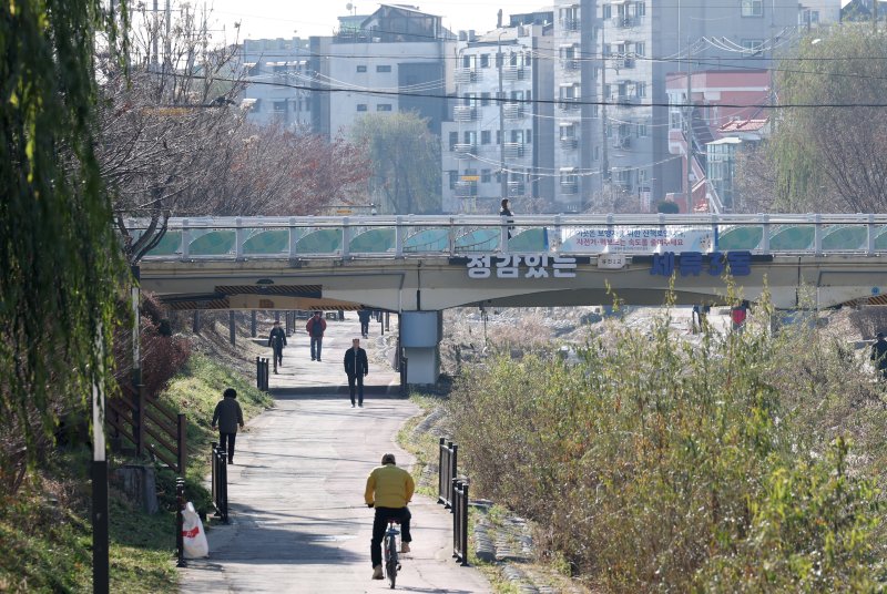 포근한 겨울 날씨를 보인 9일 경기 수원시 권선구 세류천에서 시민들이 산책을 즐기고 있다. 2025.12.9/뉴스1 ⓒ News1 김영운 기자