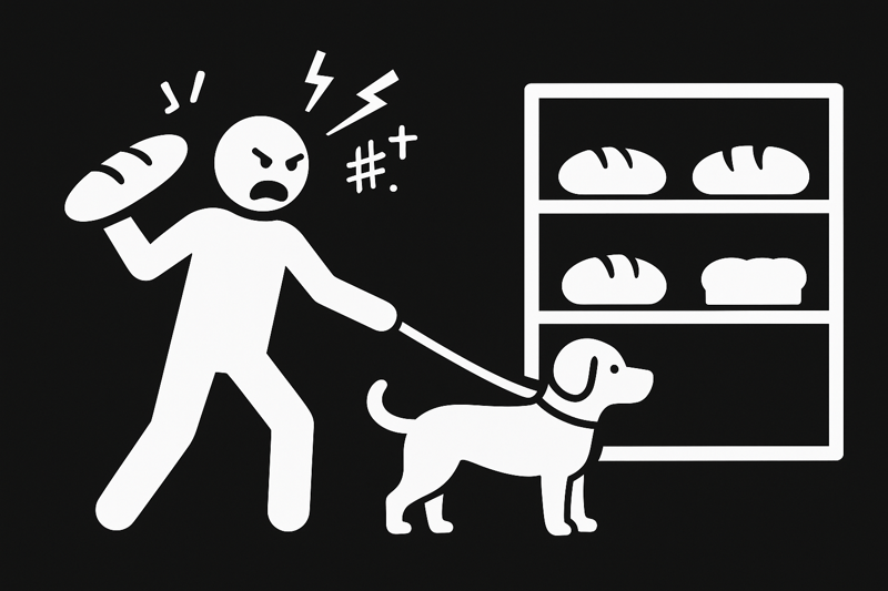 "반려견은 안아 주시고 비닐장갑은 껴 달라"는 제과점의 요청에 도리어 빵을 집어던지며 욕헐을 퍼부은 손님 때문에 트라우마가 왔다고 호소한 제과점 점주의 상황을 AI 이미지로 생성. /사진=챗GPT