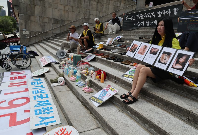 [서울=뉴시스] 김명원 기자 = 환경보건시민센터, 가습기살균제 피해자와 유족, 환경보건전국네트워크, 아시아모니터리소스센터, 아시아직업환경피해자권리네트워크, 서울환경운동연합 등 참석자들이 28일 오전 서울 종로구 광화문 세종문화회관 계단에서 이재명 정부 해결 촉구 및 태아, 영유아, 어린이 피해 추모위한 유품전시 기자회견을 하고 있다. 2025.08.28. kmx1105@newsis.com