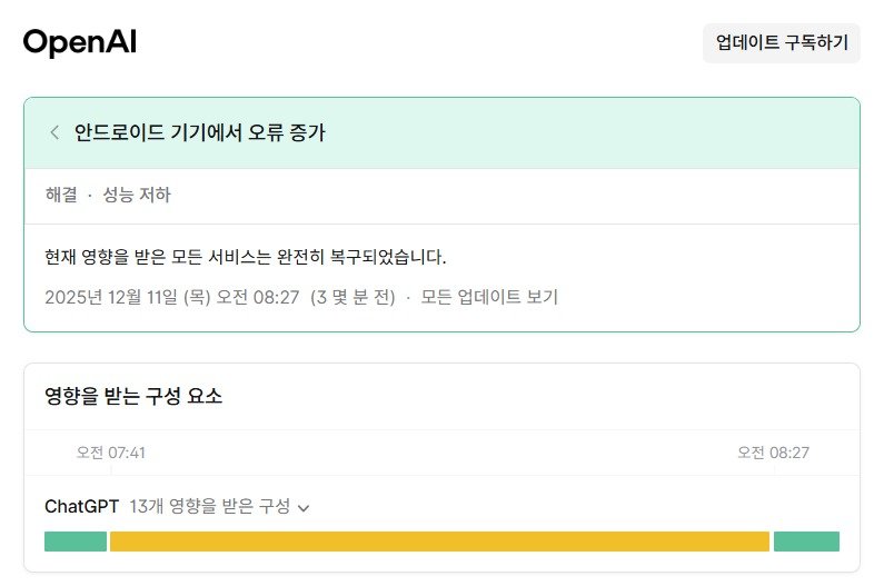 오픈AI 안드로이드 기기 챗GPT 오류 발생(오픈AI 시스템 상태페이지 갈무리)