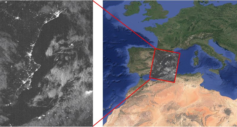 한국천문연구원의 우주용 광시야 대기광 관측기(ROKITS·로키츠) 보조 카메라로 촬영한 밤 영상(오른쪽). 왼쪽 사진은 촬영 영상을 지도상 해당 지역(스페인 동남부)에 투영한 모습. (사진=우주항공청 제공) *재판매 및 DB 금지