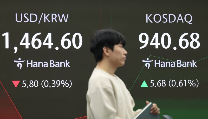 11일 오전 서울 중구 하나은행 딜링룸 전광판에 코스닥과 원달러환율 시황이 표시되고 있다. 2025.12.11/뉴스1 ⓒ News1 장수영 기자