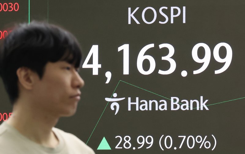 11일 오전 서울 중구 하나은행 딜링룸 전광판에 코스피 시황이 표시되고 있다. 이날 코스피는 28.32p(0.68%) 오른 4163.32으로 출발, 코스닥은 5.59p(0.60%) 오른 940.59으로 개장했다. 2025.12.11/뉴스1 ⓒ News1 장수영 기자