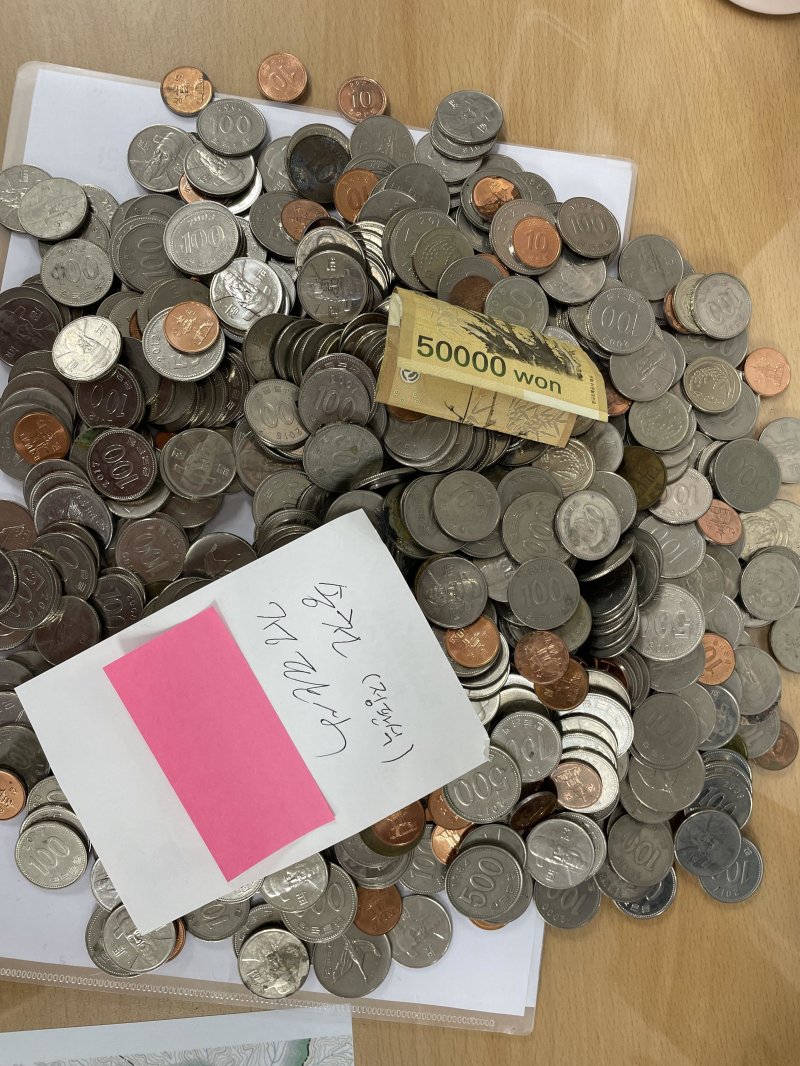 강진군 신전면 송천마을 주민 정판식 씨가 2년여 동안 돼지저금통에 직접 모은 10원짜리부터 500원짜리 동전 800여개.(강진군 제공, 재배포 및 DB 금지)/뉴스1