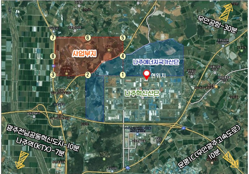 [나주=뉴시스] 1조2000억운 규모의 인공태양(핵융합) 연구시설 1순위 후보지로 선정된 나주 왕곡면 에너지국가산업단지 조성 부지 일대 위치도. (사진=뉴시스DB)