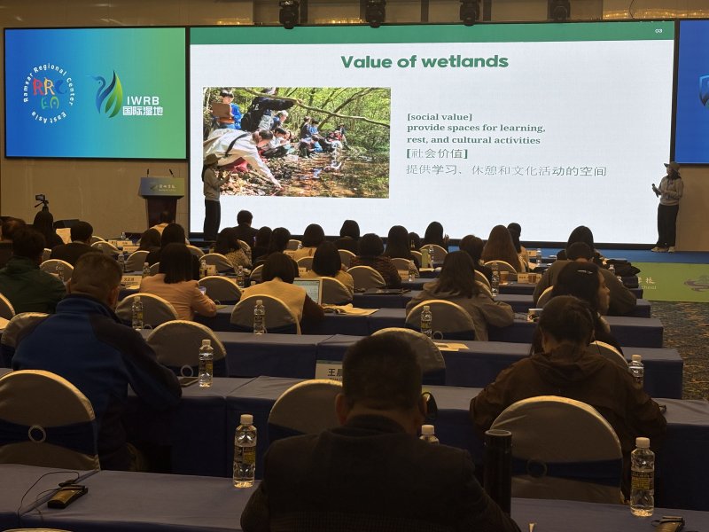 제주 무릉중 3학년 학생이 지난 10일 중국 하이커우에서 열린 아시아 습지학교 네트워크 총회서 제주대표로 발표하고 있다.(제주도교육청 제공)/뉴스1