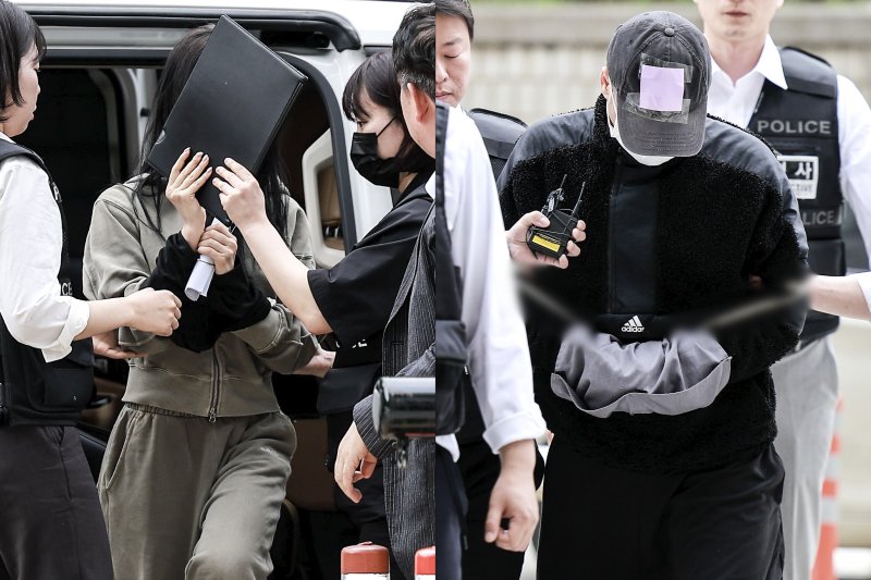 [서울=뉴시스] 정병혁 기자 = 잉글랜드 프로축구 프리미어리그 토트넘 홋스퍼 주장 손흥민을 상대로 허위 임신을 주장하며 금품을 요구한 혐의를 받는 20대 여성 양 모 씨와 40대 남성 용 모 씨가 지난 5월 17일 서울 서초구 서울중앙지방법원에서 열린 영장실질심사에 출석하고 있다. 2025.05.17. jhope@newsis.com