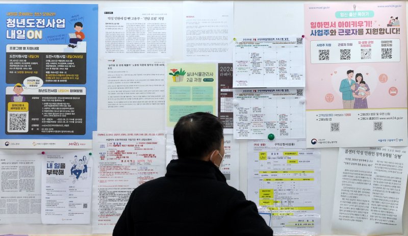 [서울=뉴시스] 추상철 기자 = 서울 마포구 서부고용복지플러스센터에 근로자 육아 관련 안내문이 부착돼 있다. 2025.02.11. scchoo@newsis.com