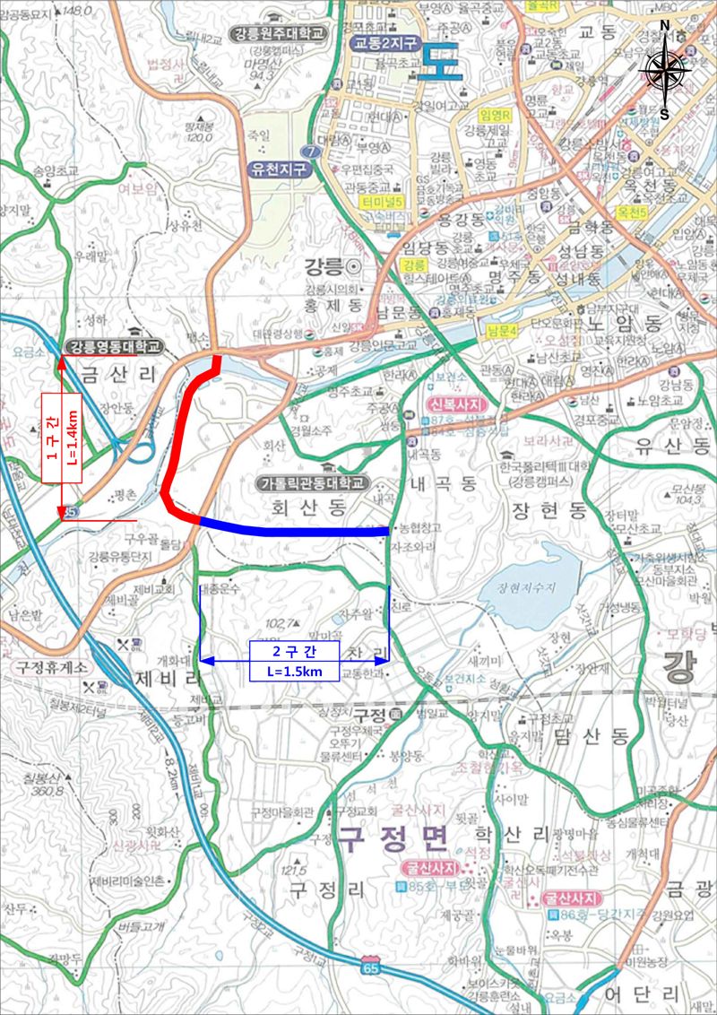 강릉시 회산지구 강변 우회도로 개설 위치도. 강릉시 제공