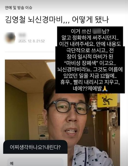 "뇌신경마비라뇨"…김영철, 허위 게시물에 '분통'