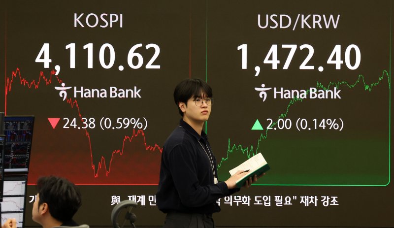 [서울=뉴시스] 김선웅 기자 = 코스피가 전 거래일(4135.00)보다 24.38포인트(0.59%) 내린 4110.62, 서울 외환시장에서 원·달러 환율은 전 거래일(1470.4원)보다 2.6원 오른 1473.0원에 주간 거래를 마감한 11일 오후 서울 중구 하나은행 본점 딜링룸에서 딜러들이 업무를 수행하고 있다. 2025.12.11. mangusta@newsis.com