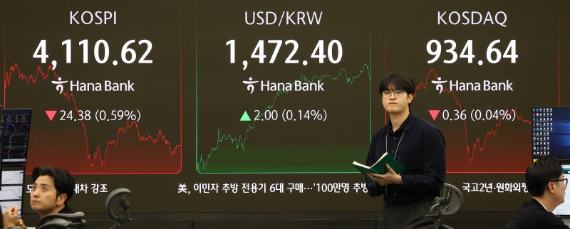 [서울=뉴시스] 김선웅 기자 = 코스피가 전 거래일(4135.00)보다 24.38포인트(0.59%) 내린 4110.62, 코스닥 지수는 전 거래일(935.00)보다 0.36포인트(0.04%) 하락한 934.64에 거래를 종료했다.서울 외환시장에서 원·달러 환율은 전 거래일(1470.4원)보다 2.6원 오른 1473.0원에 주간 거래를 마감한 11일 오후 서울 중구 하나은행 본점 딜링룸에서 딜러들이 업무를 수행하고 있다. 2025.12.11. mangusta@newsis.com