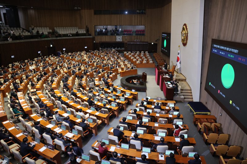 11일 서울 여의도 국회에서 열린 제430회국회(임시회) 제1차 본회의에서 가맹사업거래의 공정화에 관한 법률 일부개정법률안(원안)이 가결되고 있다. 2025.12.11/뉴스1 ⓒ News1 신웅수 기자