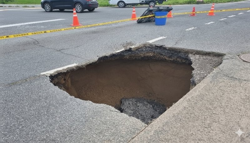 [창원=뉴시스] 강경국 기자 = 경남 창원시 의창구 대산면의 한 도로에서 발생한 싱크홀. (사진=독자 제공). 2025.12.11. photo@newsis.com *재판매 및 DB 금지