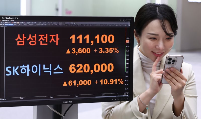 코스피가 4220선을 돌파하며 사상 최고치를 경신한 3일 서울 여의도 한국거래소 현황판에 삼성전자와 SK하이닉스의 종가가 표시되고 있다. 2025.11.3/뉴스1 ⓒ News1 김성진 기자