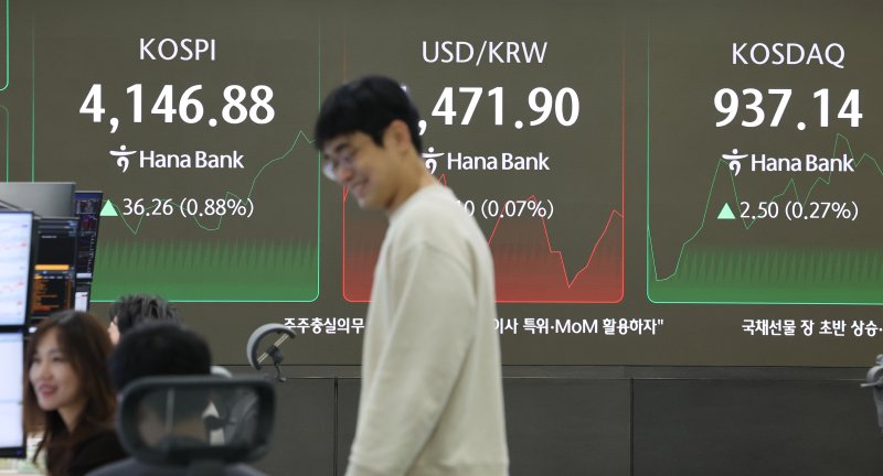 12일 오전 서울 중구 하나은행 본점 딜링룸에서 직원들이 업무를 보고 있다. 사진=연합뉴스