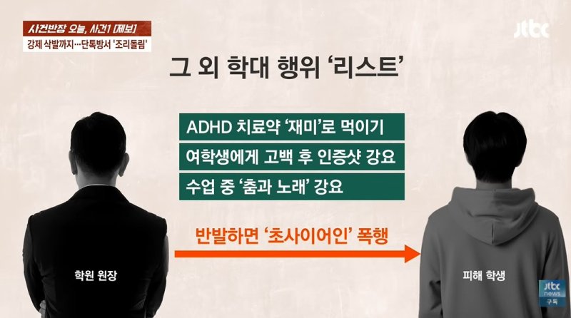 [뉴시스]학원 원장은 A씨에게 상식 밖을 벗어난 조롱과 폭력을 가했다. (사진 = JTBC 사건반장 캡처) *재판매 및 DB 금지
