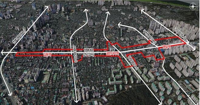 [서울=뉴시스] 길동,굽은다리,명일역 3개 역세권 지구단위계획 위치도. 2025.12.12. (자료=강동구 제공) *재판매 및 DB 금지