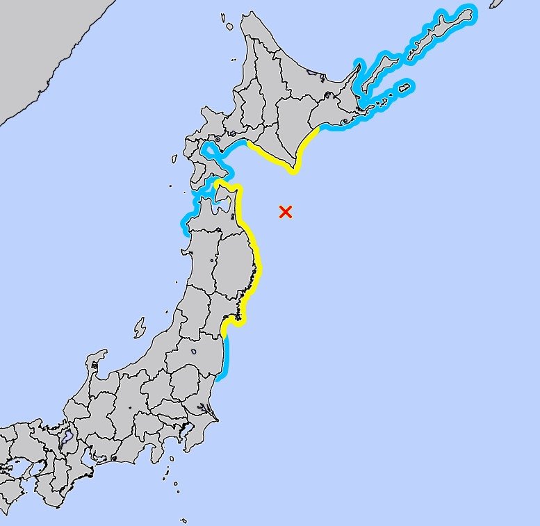 12일 오전 11시 44분쯤 일본 동북부 아오모리현 근해에서 규모 6.7의 의 지진이 발생해 이와태현과 아오모리현, 미야기현의 태평양 연안에 쓰나미 주의보가 발령됐다. 지도에서 노란색으로 표시된 지역이 쓰나미 주의보발령 지역. (사진=일본 기상청 갈무리)