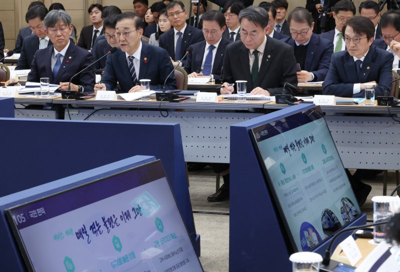 김윤덕 국토교통부 장관이 12일 세종시 정부세종컨벤션센터에서 이재명 대통령에게 업무보고를 하고 있다. 왼쪽부터 김이탁 국토부 1차관, 김윤덕 국토부 장관, 강희업 국토부 2차관, 김의겸 새만금개발청장. 연합뉴스