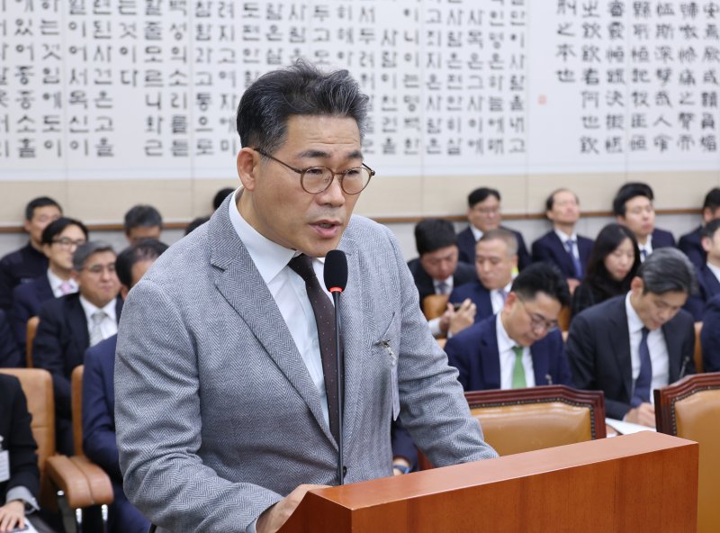 [서울=뉴시스] 김금보 기자 = 백해룡 경정이 27일 서울 여의도 국회에서 열린 법제사법위원회의 대검찰청에 대한 국정감사에서 질의에 답하고 있다. 2025.10.27. kgb@newsis.com