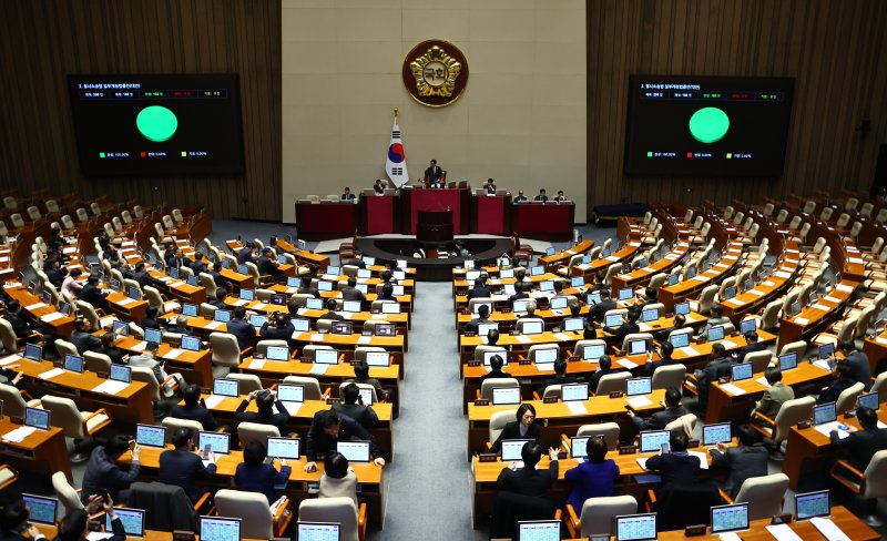 [서울=뉴시스] 김명년 기자 = 12일 오후 서울 여의도 국회에서 열린 본회의에서 형사소송법 일부개정법률안(대안)이 통과되고 있다. 2025.12.12. kmn@newsis.com