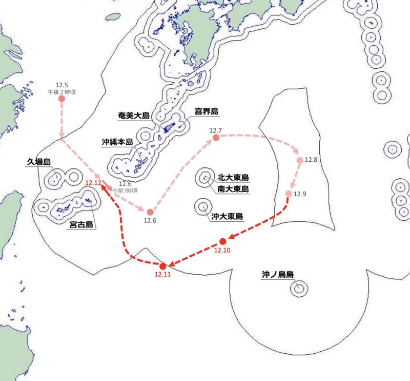 지난 6~12일 중국 항공모함 랴오닝함 선단의 일본 주변 해역 이동 경로. (사진=통합막료감부 보도자료 갈무리)