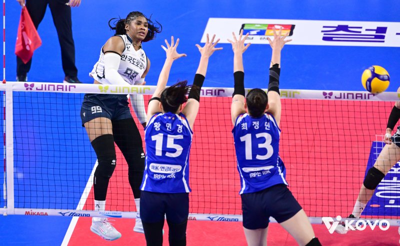 [서울=뉴시스] 여자배구 한국도로공사 모마가 19일 화성종합실내체육관에서 열린 진에어 2025~2026 V-리그 여자부 경기에서 IBK기업은행을 상대로 공격을 시도하고 있다. (사진=KOVO 제공) 2025.11.19. *재판매 및 DB 금지