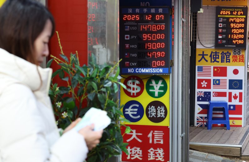 [서울=뉴시스] 최진석 기자 = 달러 강세가 이어지며 원·달러 환율의 상승이 어이지고 있는 7일 서울 명동 환전소에 원·달러 환전 시세가 보이고 있다. 2025.12.07. myjs@newsis.com